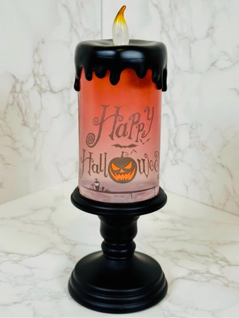 DECOR: Black & Orange Ghostly Glow LED Halloween Candle Filled w/Fluid, EUC